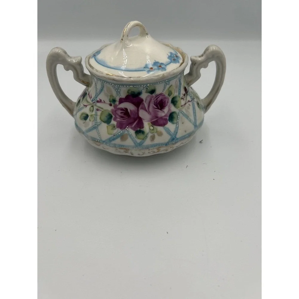 Vintage Porcelain Hand painted Floral Pink Blue Sugar Jar Double Handles Lid